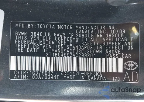 2010 Toyota Corolla S из США, поврежденный, VIN 2T1BU4EE2AC299801